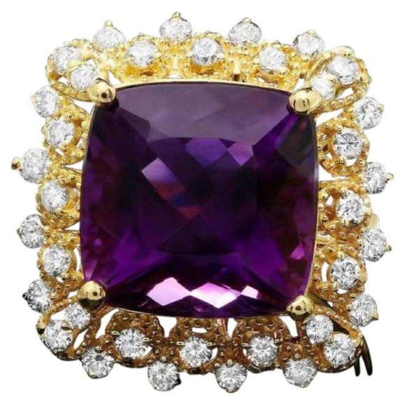 10.00 Ct Natural Amethyst & Diamond 14KY Gold Ring